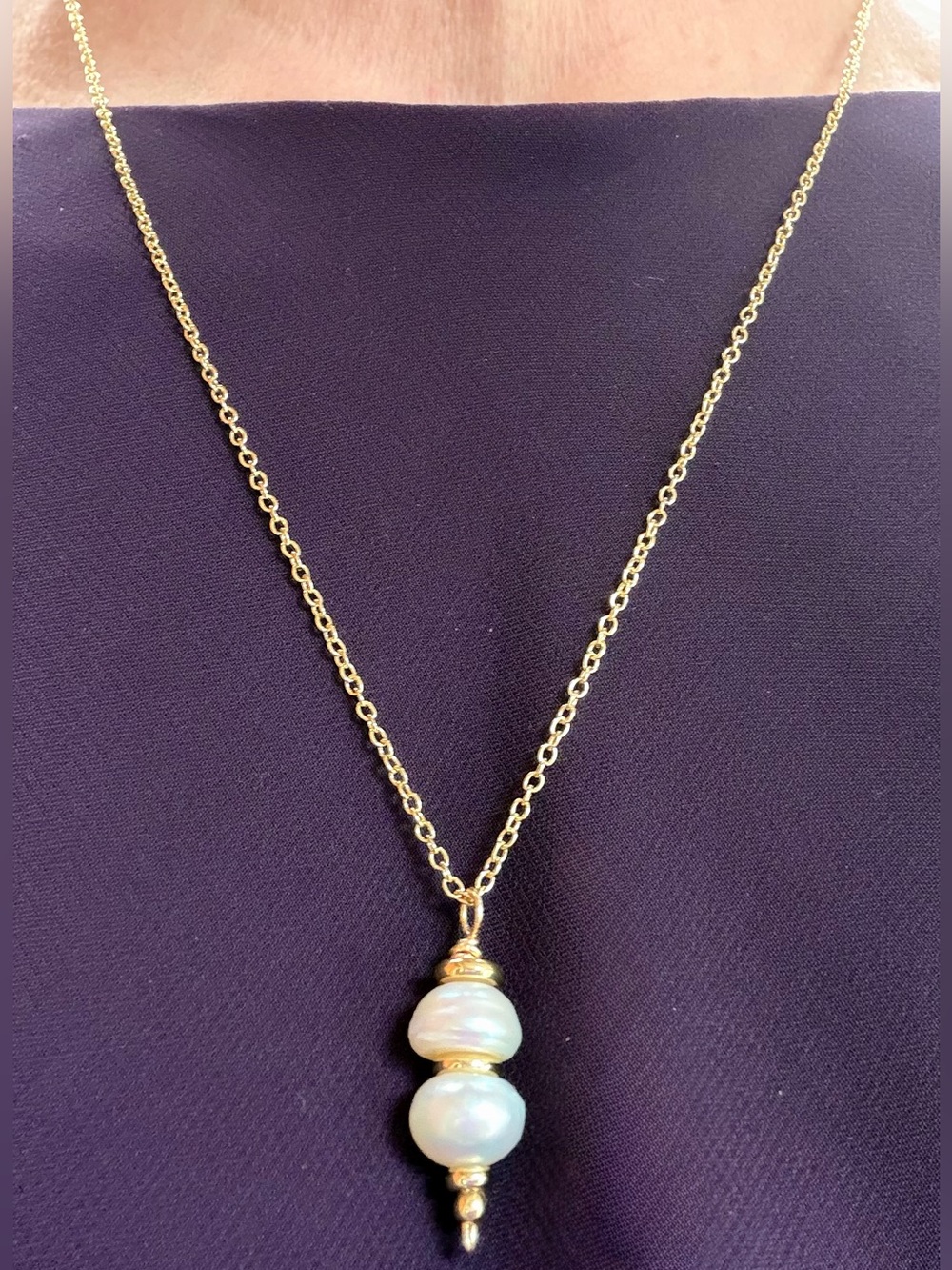 Elegant freshwater pearl Necklace,double stacked pendant,yellow-gold tone chain.